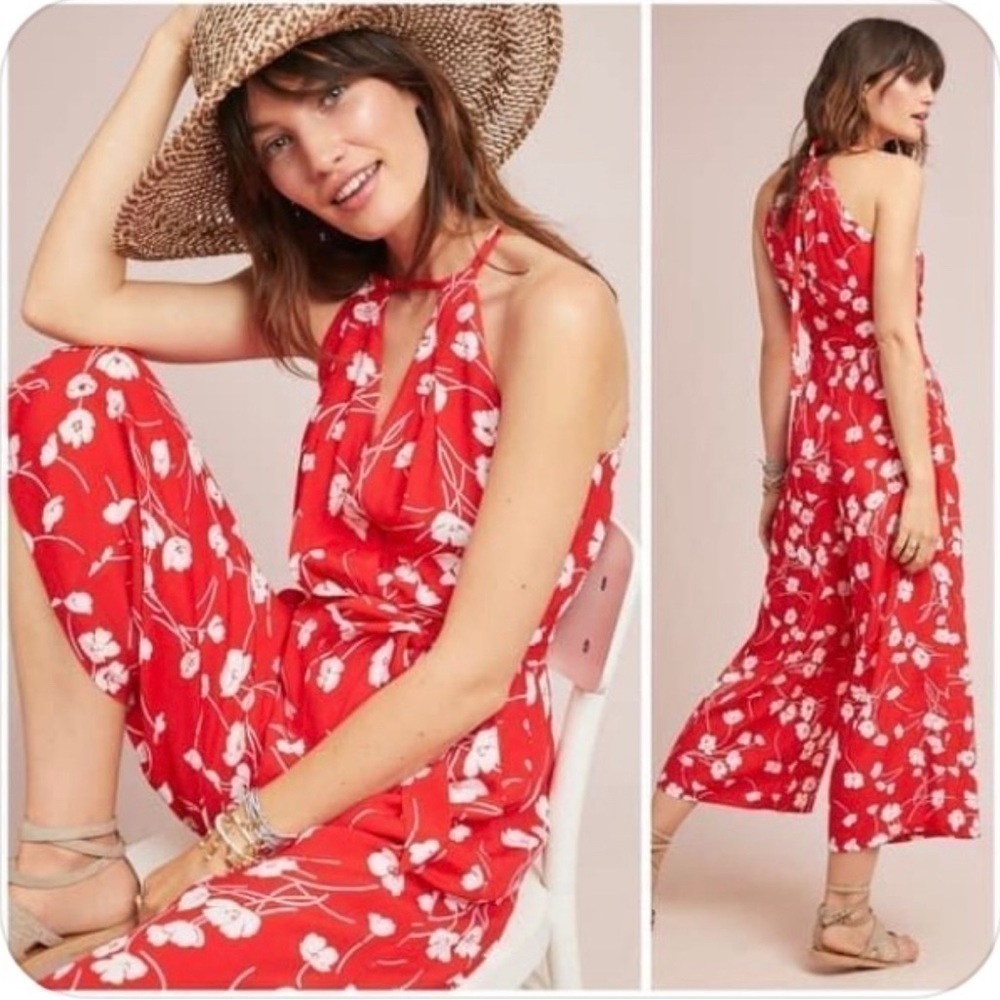 Moulinette Soeurs Red White Floral Jumpsuit S Anthropologie Wide Leg Boho Halter